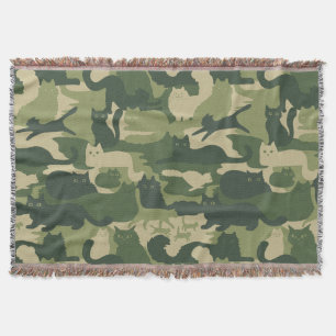 Green Camouflage Cats Pattern Cool Kitty Cats Camo Throw Blanket