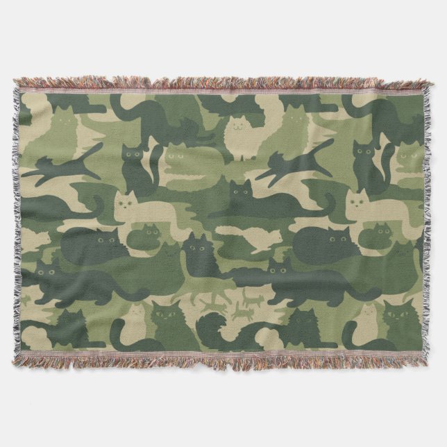 Green Camouflage Cats Pattern Cool Kitty Cats Camo Throw Blanket (Front)