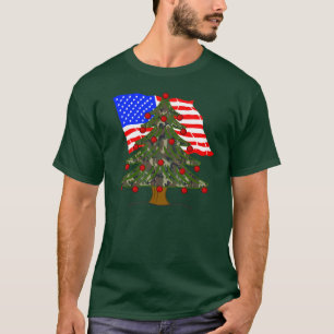 Green Camouflage Christmas Tree With American Flag T-Shirt