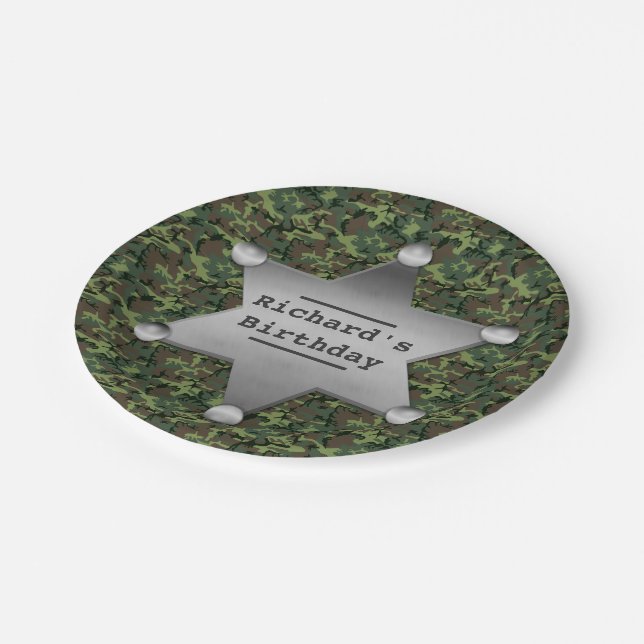 Green Camouflage Pattern Sheriff Badge Birthday Paper Plate (Angled)