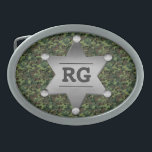 Green Camouflage Pattern Sheriff Badge Monogram Oval Belt Buckle<br><div class="desc">This customisable camo pattern design has a metal sheriff badge with space for you to add your monogram / initials or other text. The camouflage is in shades of green and brown. It's a great design for a person in the military, a veteran, a woman or man in law enforcement,...</div>