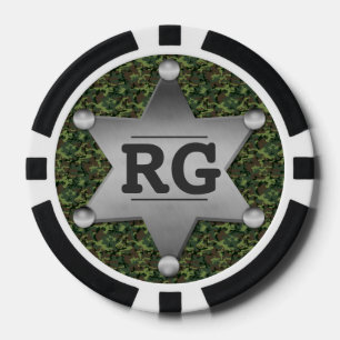 Green Camouflage Pattern Sheriff Badge Monogram Poker Chips
