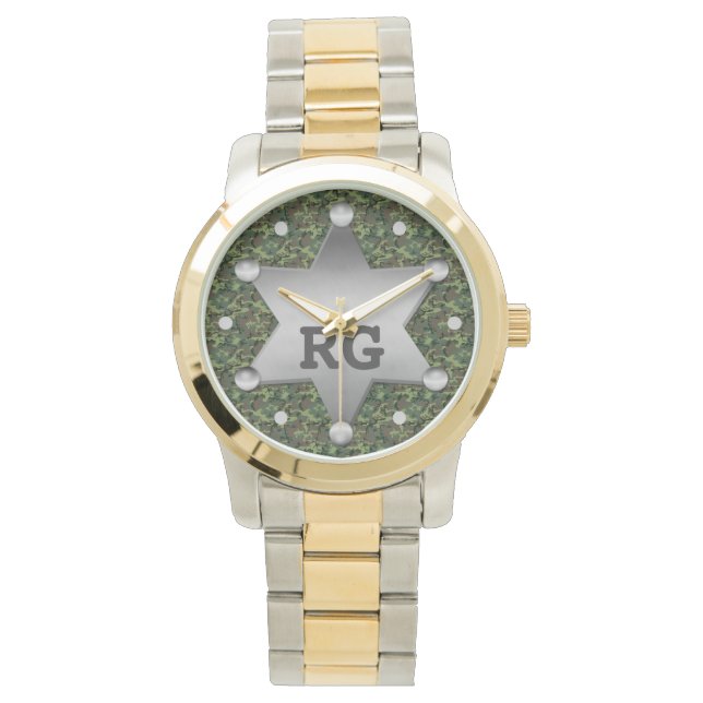Green Camouflage Pattern Sheriff Badge Monogram Watch (Front)