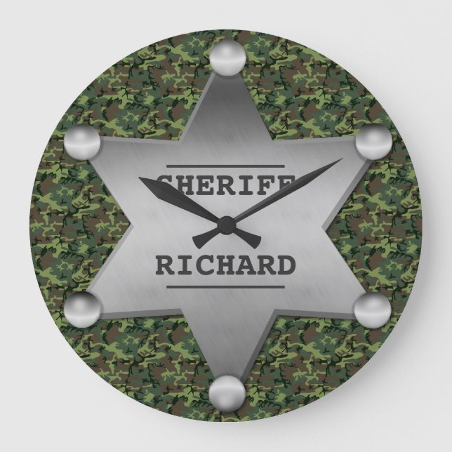 Green Camouflage Pattern Sheriff Name Badge Large Clock (Front)