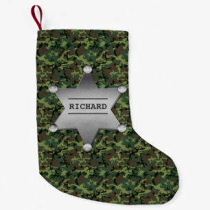 Green Camouflage Pattern Sheriff Name Badge Small Christmas Stocking