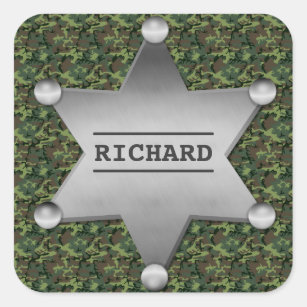 Green Camouflage Pattern Sheriff Name Badge Square Sticker