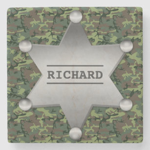Green Camouflage Pattern Sheriff Name Badge Stone Coaster