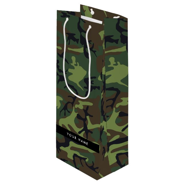 Green Camouflage Pattern, Your name, Personalise Wine Gift Bag (Front Angled)