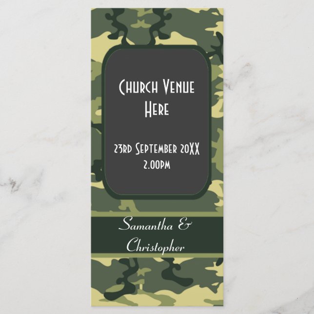 Green camouflage wedding program programme (Front)