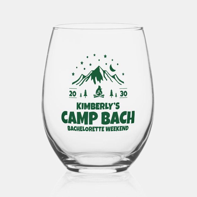 Green Camp Bachelorette Outdoor Stemless Wine Glass (Front)