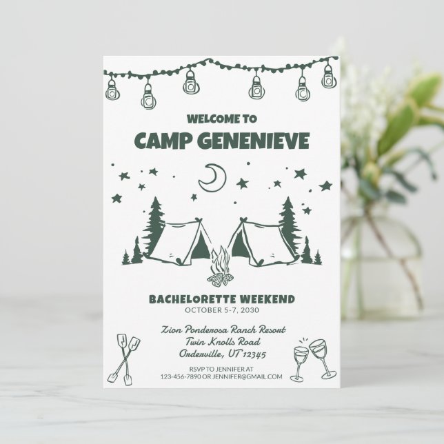 Green Camping Bachelorette Weekend Party Invitation (Standing Front)