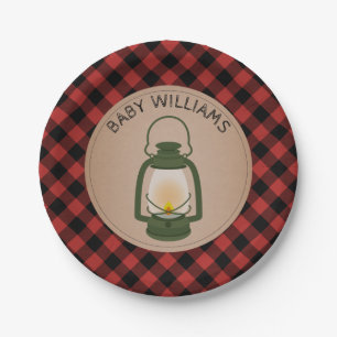 Green Camping Lantern Lumberjack Plaid Baby Shower Paper Plate
