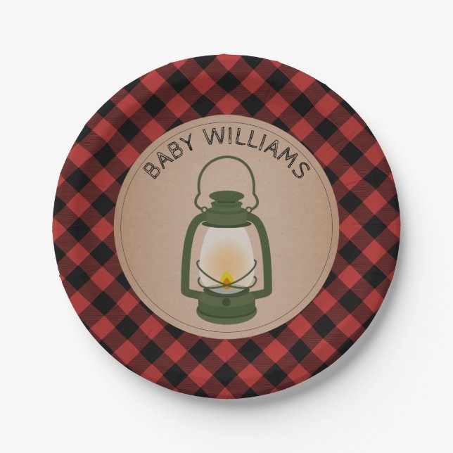 Green Camping Lantern Lumberjack Plaid Baby Shower Paper Plate (Front)