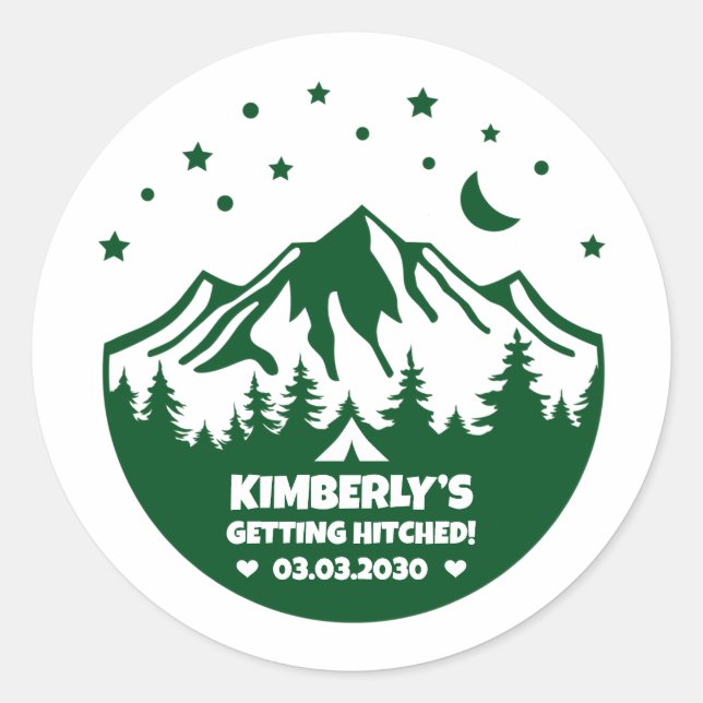 Green Camping Themed Bachelorette Party Classic Round Sticker (Front)