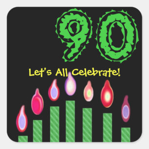 Green Candles 90th Birthday Let's All Celebrate Square Sticker