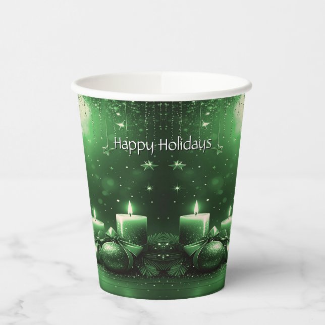 Green Candles Christmas Holiday Paper Cups (Left)