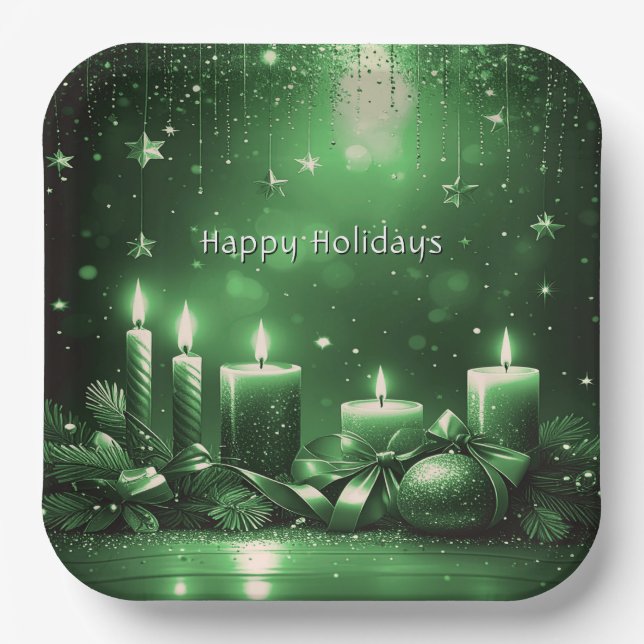 Green Candles Christmas Holiday Paper Plate (Front)