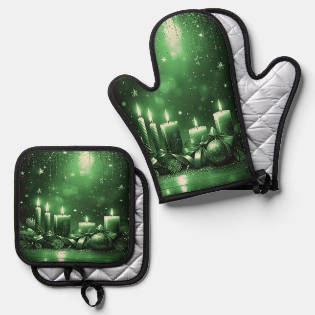 Green Candles Christmas Oven Mitt & Pot Holder Set (Front/Back)