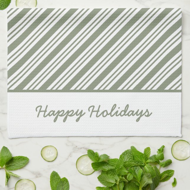 Green Candy Cane Striped Christmas Holiday Party Tea Towel (Folded)