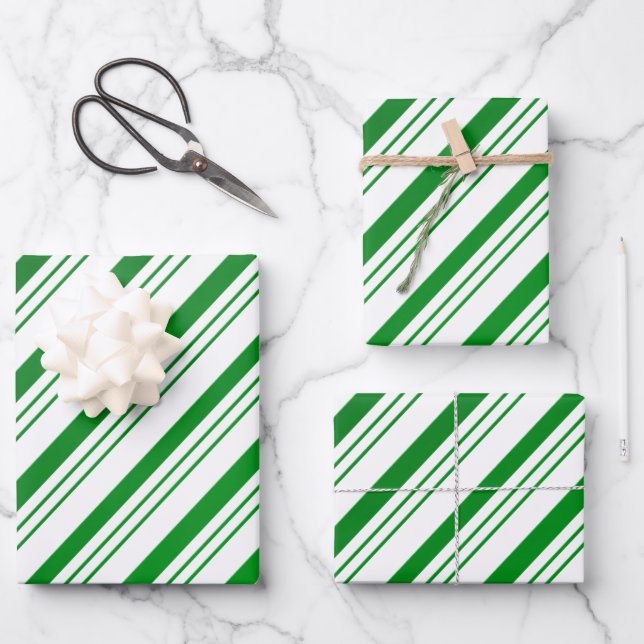 Green Candy Cane Striped Wrapping Paper Sheet (Front)