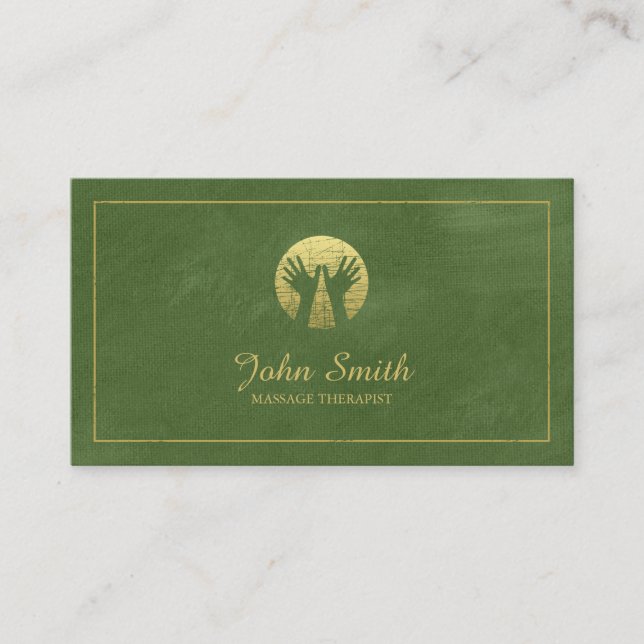 Green Canvas Golden Frame, Hands Massage Therapy Appointment Card (Front)