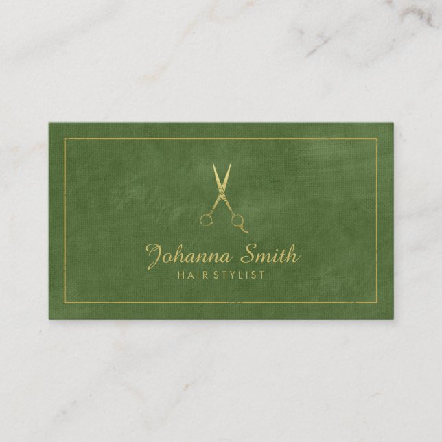 Green Canvas Golden Frame & Scissors Hairstylist Appointment Card (Front)