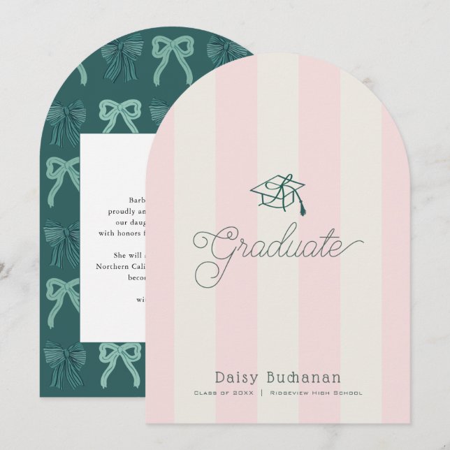 Green Cap Pink Stripes Bow Graduation Announcement (Front/Back)
