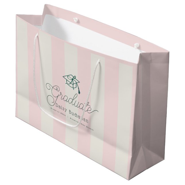 Green Cap Pink Stripes Bow Graduation Large Gift Bag (Front Angled)