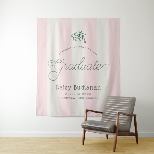 Green Cap & Pink Stripes Graduation Backdrop Prop Tapestry (In Situ)