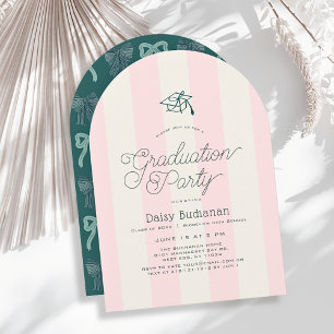 Green Cap & Pink Stripes Graduation Party Invitation