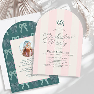 Green Cap & Pink Stripes Graduation Party Photo Invitation