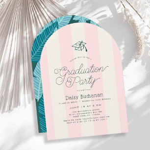 Green Cap & Pink Stripes Palms Graduation Party Invitation