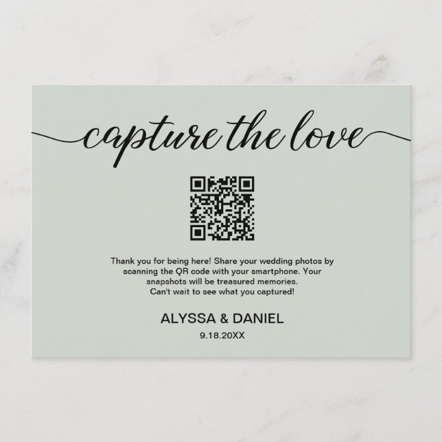 Green Capture the love QR code wedding photo share Enclosure Card (Front)