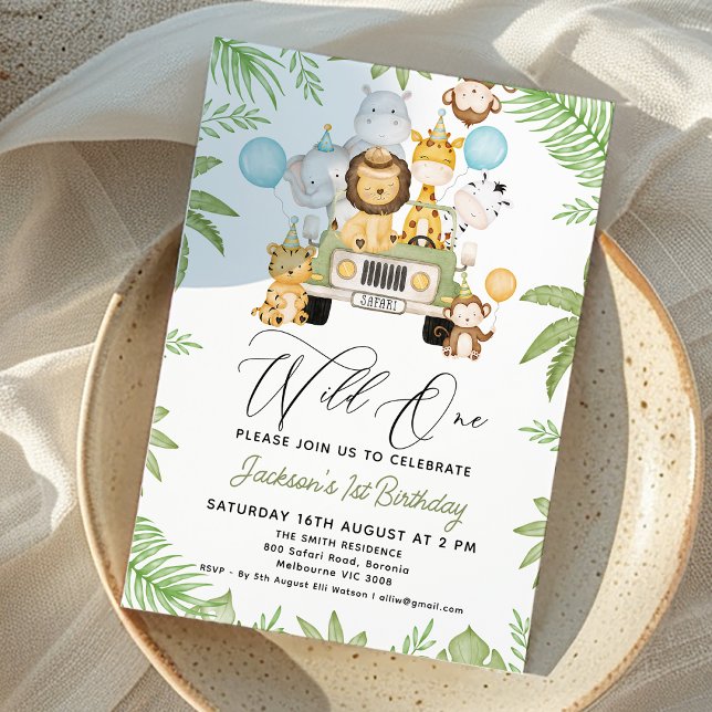 Green Car Balloons Safari Wild One 1st Birthday  Invitation (Boy Wild One 1st Birthday Invitation, Car Blue Balloons, Jungle Animals Wild One Birthday Party )