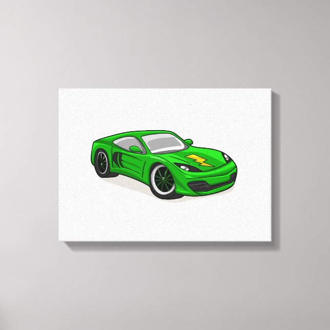 Green car racing cartoon  - Choose background colo Canvas Print (Front)