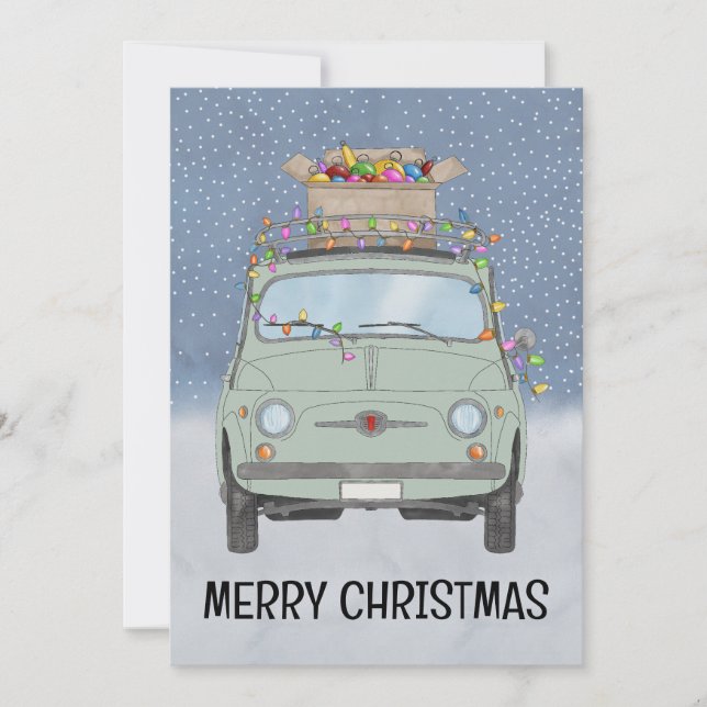 Green car with Christmas gifts Holiday Card (Front)