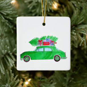 Green Car with Christmas Gifts Watercolor Ceramic Ornament