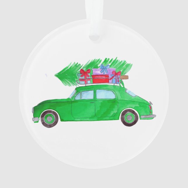 Green Car with Christmas Gifts Watercolor Ornament (Back)