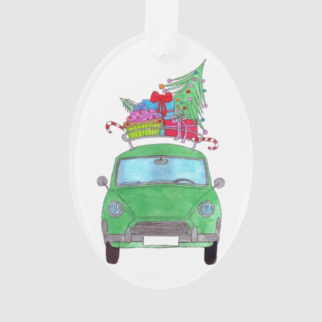 Green Car with Christmas Gifts Watercolor Ornament (Back)