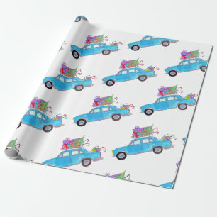 Green Car with Christmas Gifts Watercolor Wrapping Paper