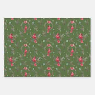 Green Cardinal Christmas Wrapping Paper Set