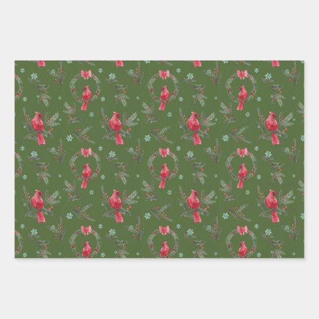 Green Cardinal Christmas Wrapping Paper Set (Front)