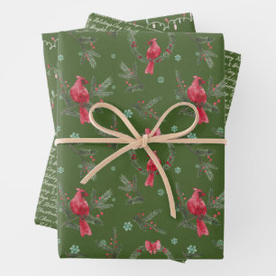 Green Cardinal Christmas Wrapping Paper Set
