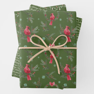 Green Cardinal Christmas Wrapping Paper Set