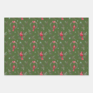 Green Cardinal Christmas Wrapping Paper Set