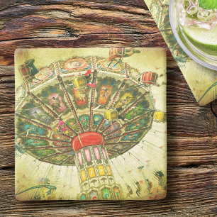 Green carnival swing ride photo vintage retro   stone coaster