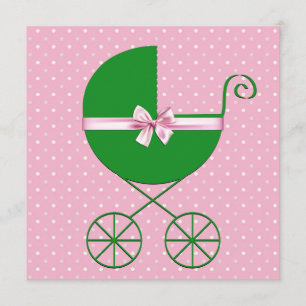 Green Carriage and Pink Polka Dot Baby Shower Invitation