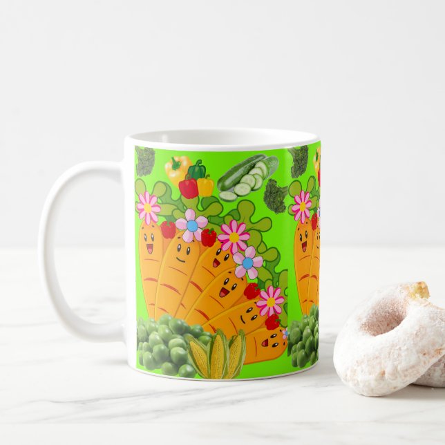Green Carrots Floral Peas  Mug (With Donut)