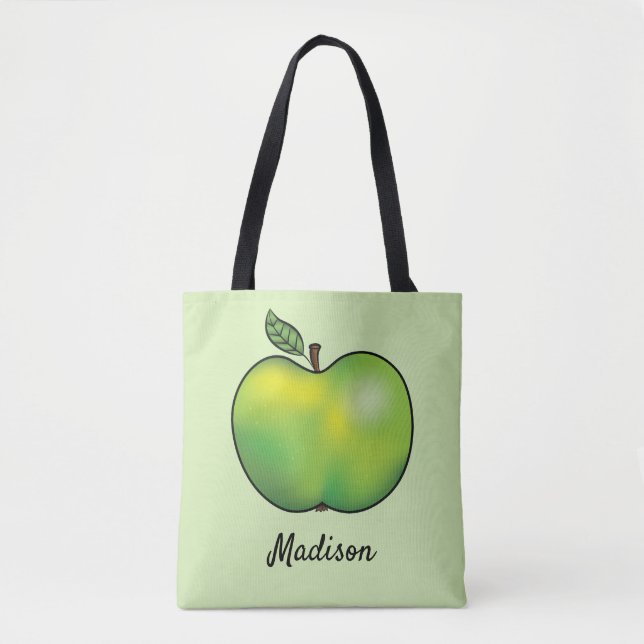Green Cartoon Apple Fruit With Custom Name Tote Bag (Front)