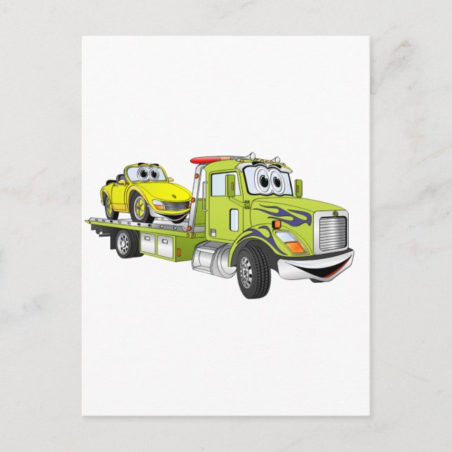 Green Cartoon Flatbed Tow Truck Postcard (Front)